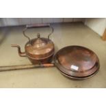 A Victorian copper kettle and a 19th Century copper warming pan