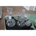 Three Victorian onion shaped decanters, moulded fruit bowl,