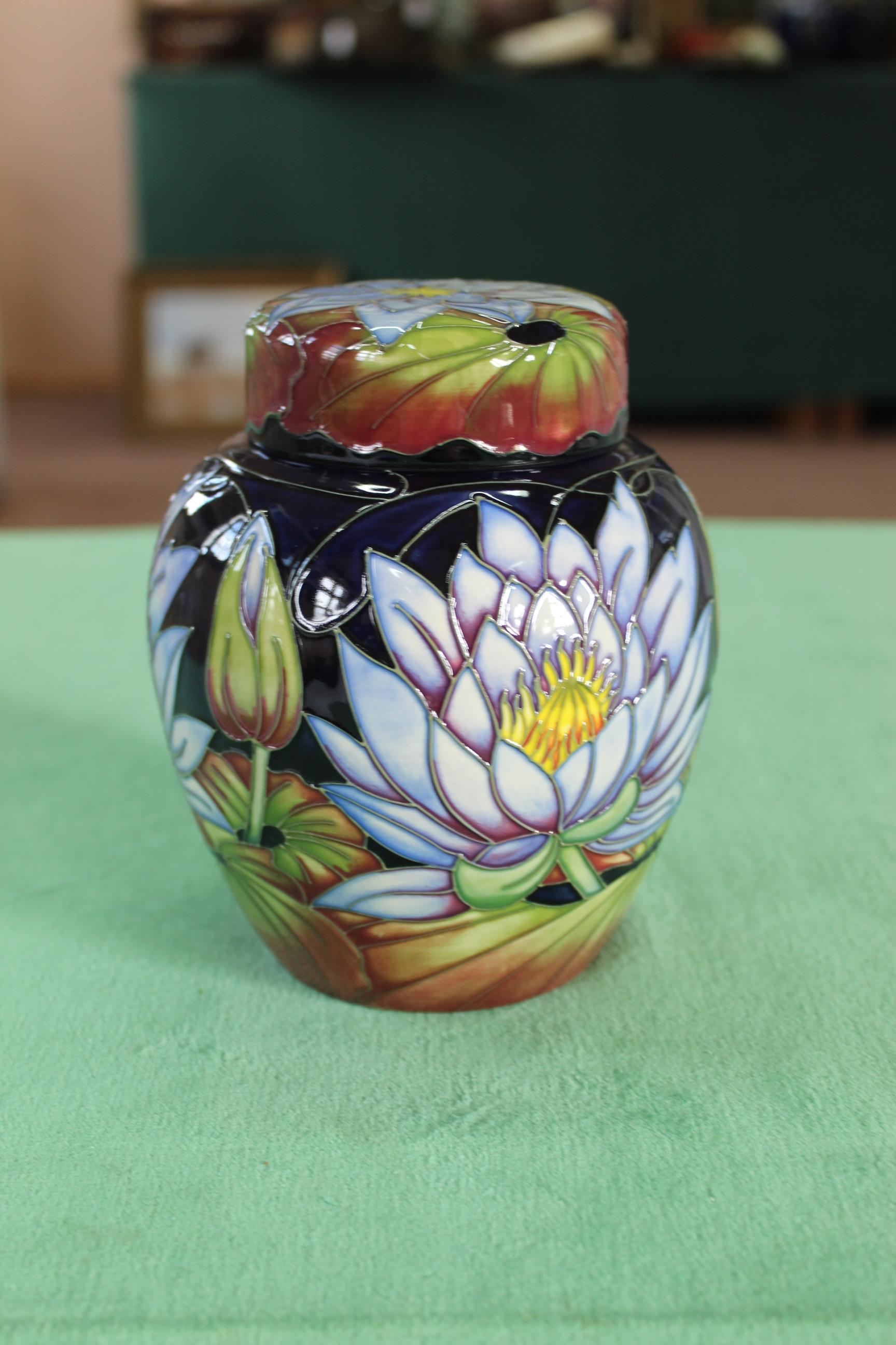 A Moorcroft 'Blue Lotus' pattern lidded ginger jar, 2009 by R Bishop, 6" high, - Image 2 of 3