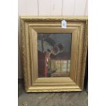 A framed oil painting on canvas of an interior scene with mother and child sat by a window,