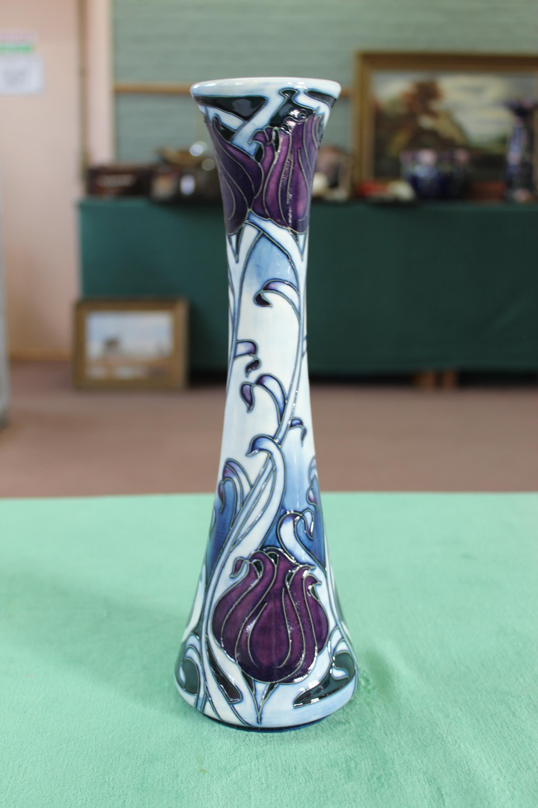 A Moorcroft 'LA Tulip Noire' pattern vase, 2003 by E Bossons, limited edition 82/100, 12" high,