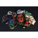 A quantity of bead necklaces, including coral, amethyst etc, bracelets including bone,