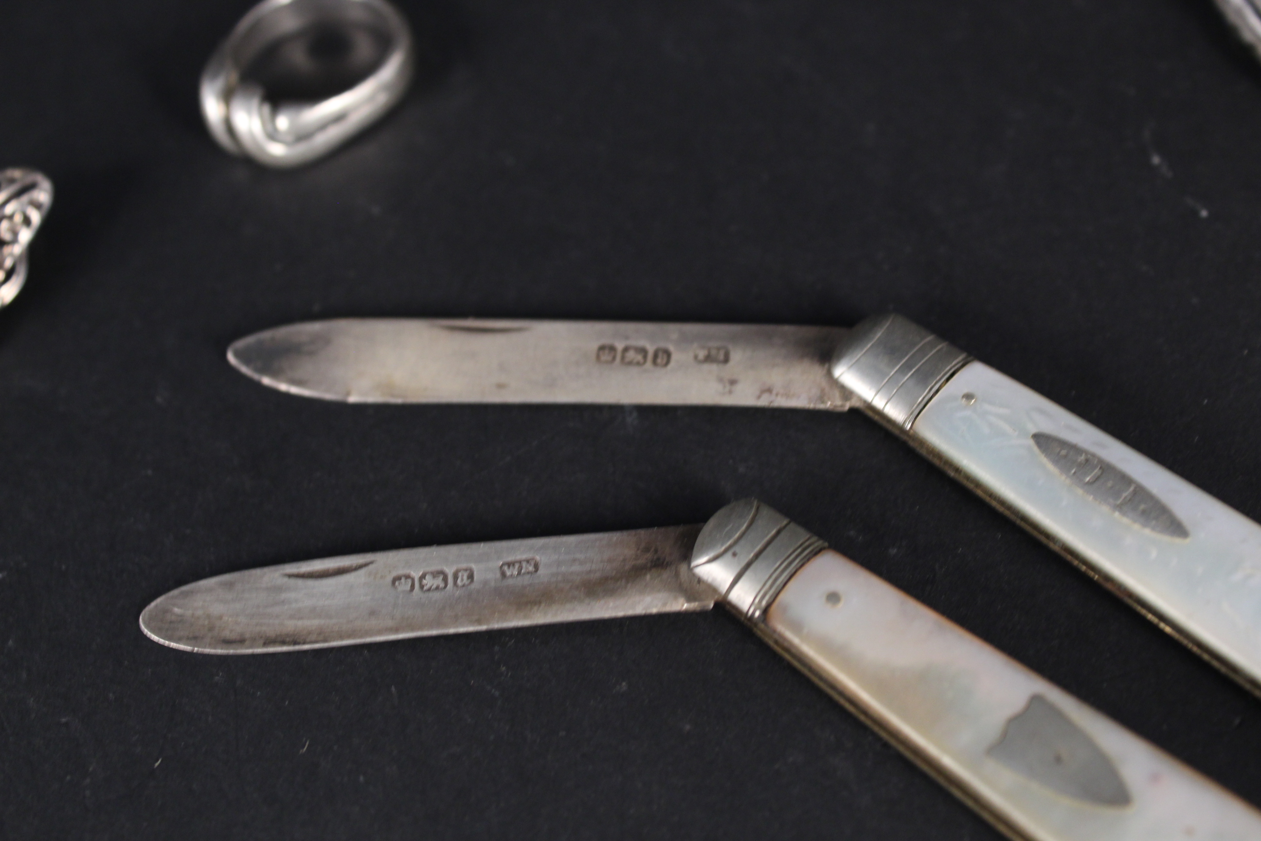 Two silver bladed mother of pearl pen knives, a pair of squat candlesticks, - Image 2 of 4