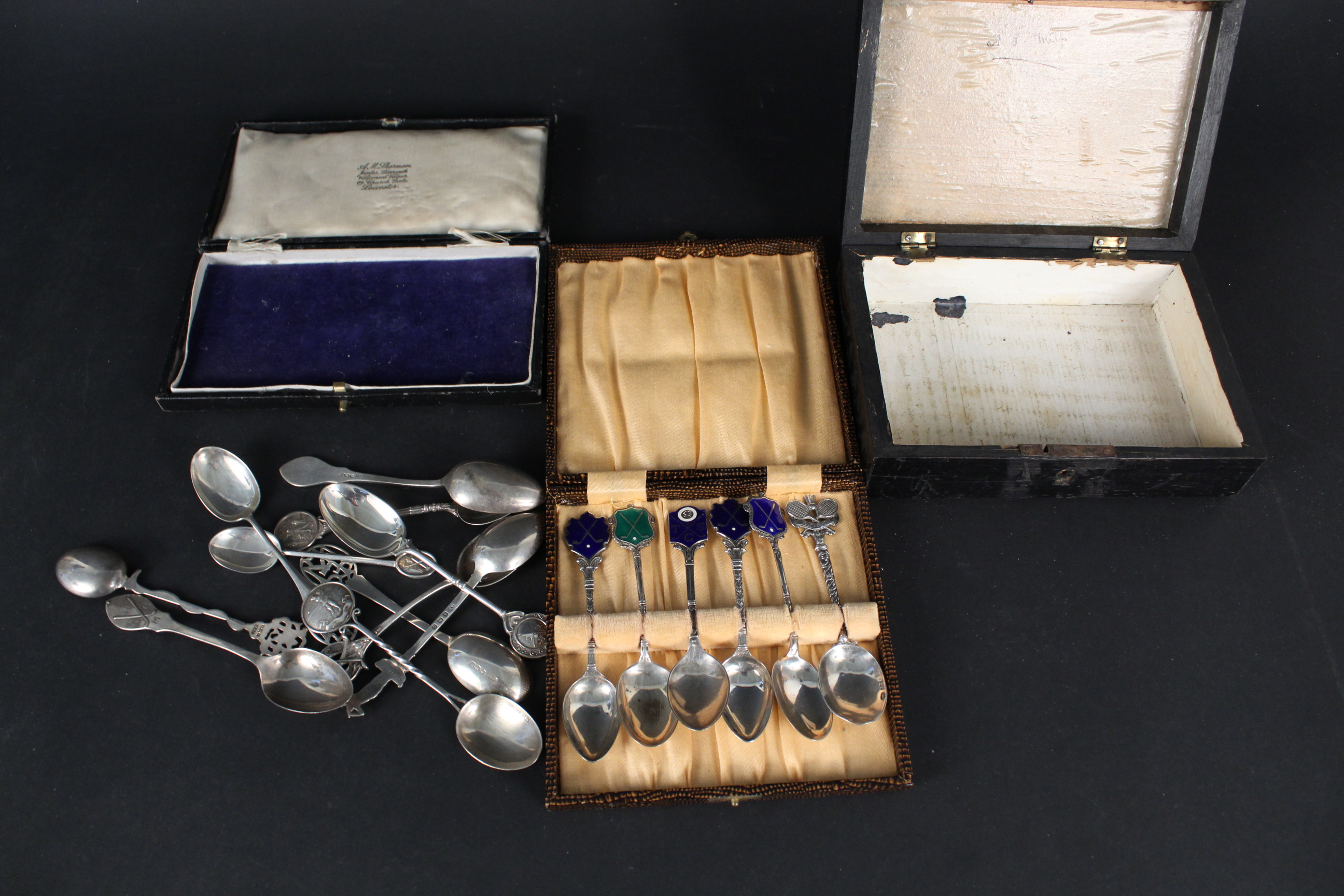 Seventeen various silver teaspoons, mostly with golfing related interest,