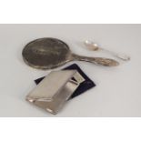 A silver and tortoiseshell hand mirror (as found) together with a silver cigarette case with engine