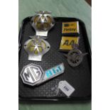 A tray of mixed vintage car badges including 'Civil Service Motoring Association',