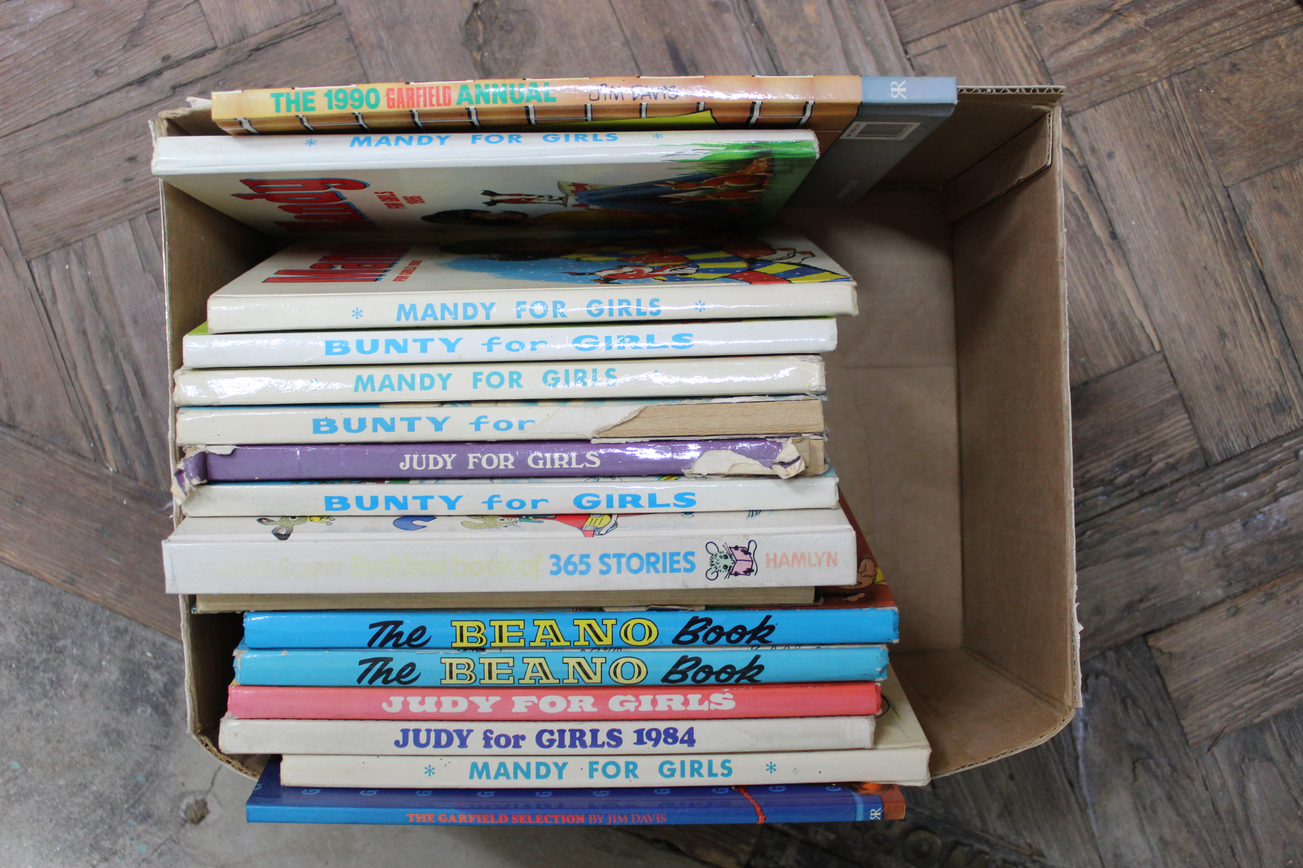 A box of vintage childs annuals, Bunty c1980's,