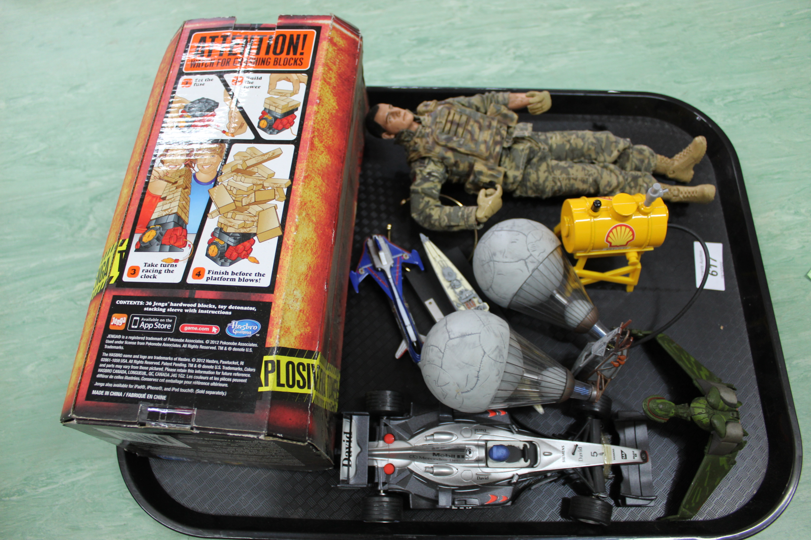 A tray with Action Man figure, Corgi,