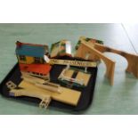 A tray of Hornby tin plate train set accessories including bridge,