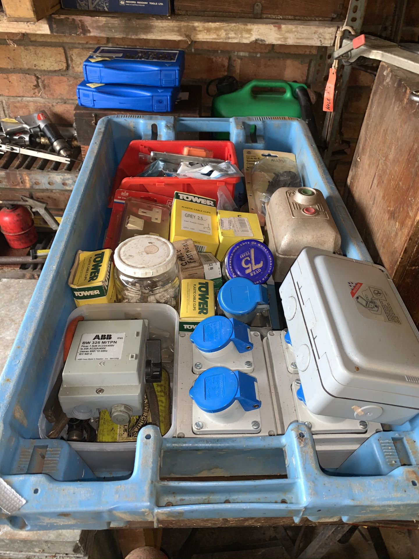 Sockets, cable clips etc. Stored near Gorleston, Norfolk. No VAT on this lot.