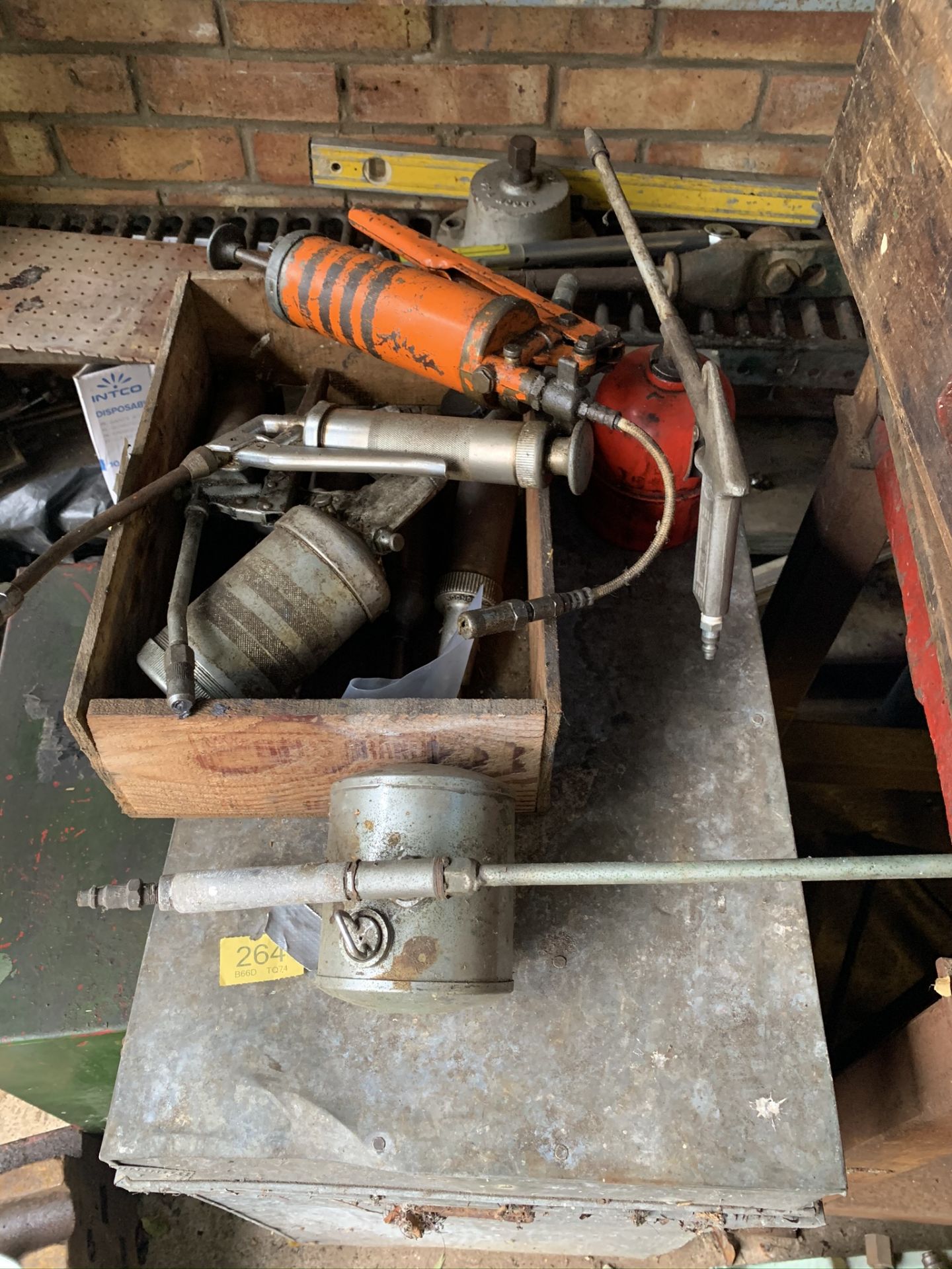 Qty of Grease gunds and air compressor oil cans. Stored near Gorleston, Norfolk.