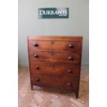 An early 19th Century inlaid oak four drawer chest with turned mahogany knobs (as found)