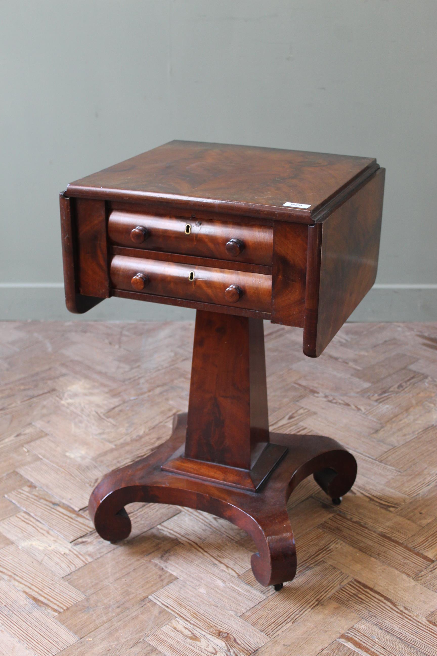 A William IV mahogany two drawer work table with drop leaves,