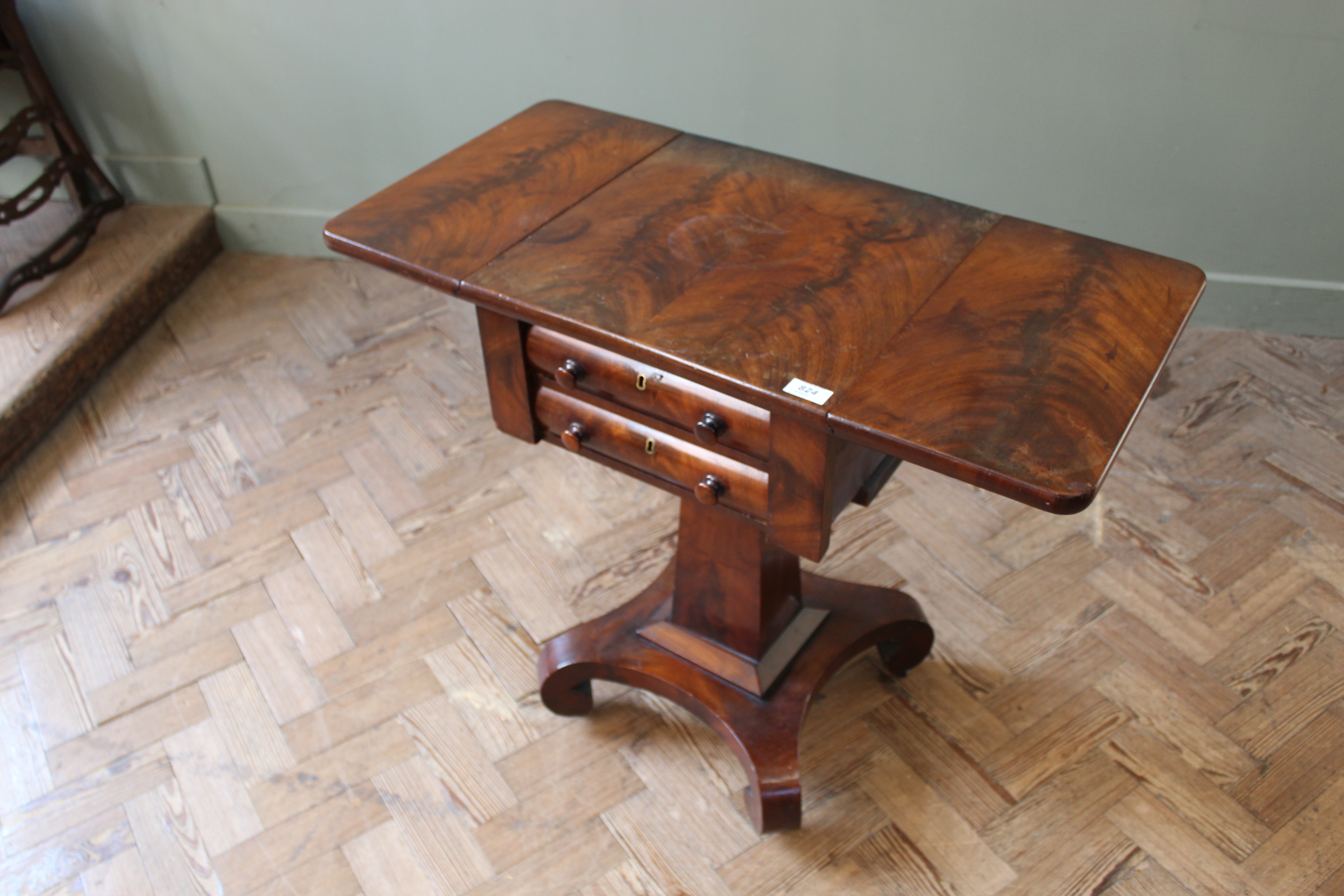 A William IV mahogany two drawer work table with drop leaves, - Image 4 of 5