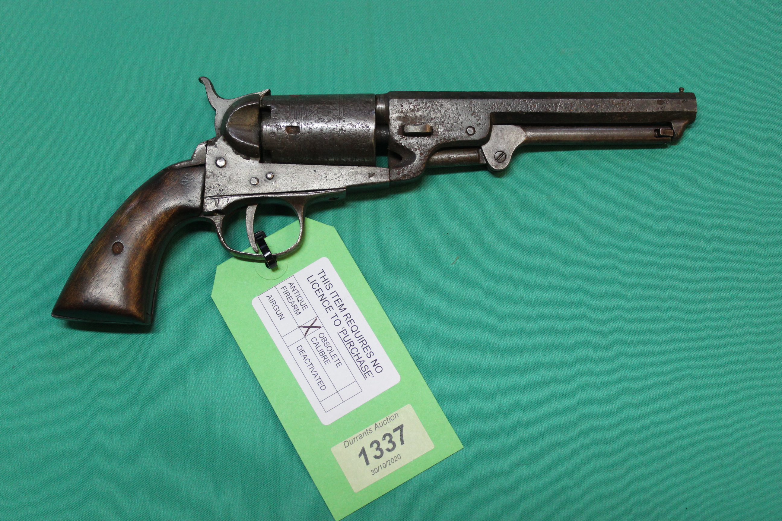 A 'Colt style' five shot pocket percussion revolver of approx .36" bore with a 5 1/2" barrel (N.B.