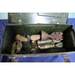 A WWII dated ammunition can containing various mortar cases,