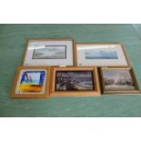 Two framed watercolours of seascapes, an oil on board "Winters Afternoon,