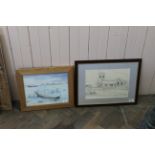 A framed watercolour of a beached fishing boat signed David Balder and an ink drawing of a churn