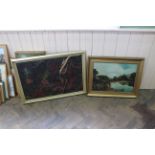 A framed abstract oil with applied string decoration plus a framed oil on canvas of a lake and