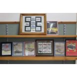 Six assorted vintage Ford Motor Car advertising posters and two framed sets of vintage postcards of