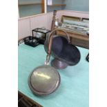 A good Victorian copper coal scuttle with a warming pan