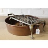 A 19th Century copper two handled stew pan, a copper wine mull,