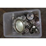 A quantity of silver plated items including entree dish, salver, tea caddy,