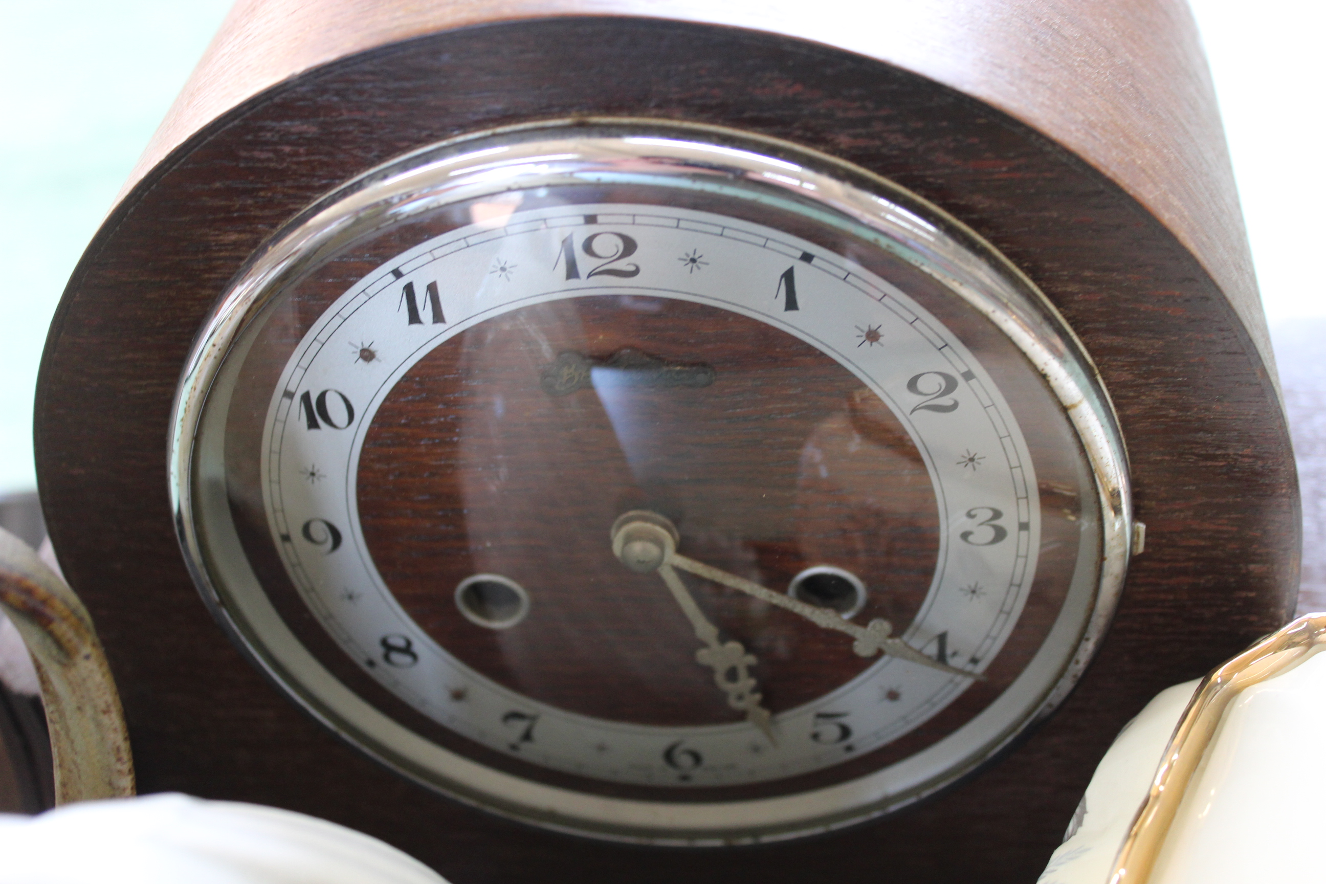 An oak cased striking mantel clock, stoneware hot water bottle, stoneware jug, - Image 3 of 3