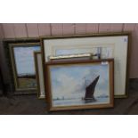 A framed watercolour of a trading barge titled "Outward Bound", signed G.