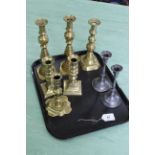 Three pairs of candlesticks including a Victorian pair with pushers,