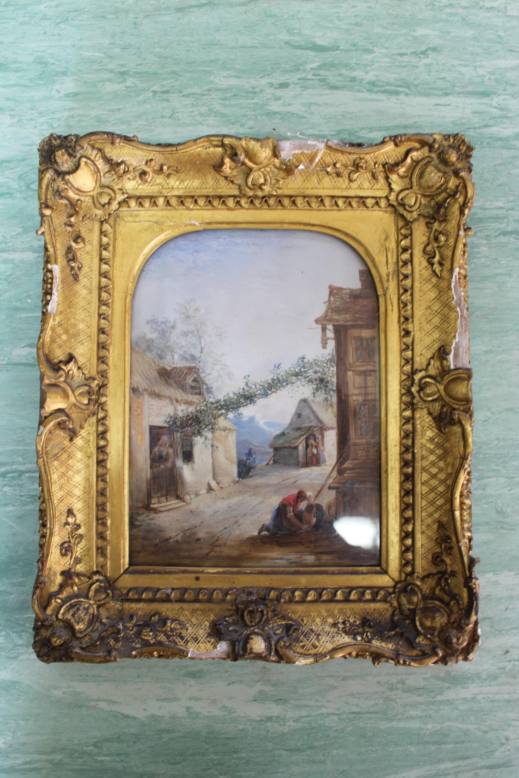 A 19th Century oil on board of a mountain village scene with figures, in a swept gilt frame,
