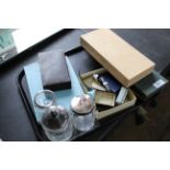 A mixed lot including carving set, boxed silver plated teaspoons, silver rimmed glass pot,