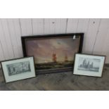 A framed oil on canvas of sailing vessels (possibly Spanish) together with two framed prints of St