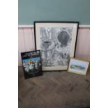 A large framed abstract pencil and charcoal picture, 28 1/2" x 21 1/4",