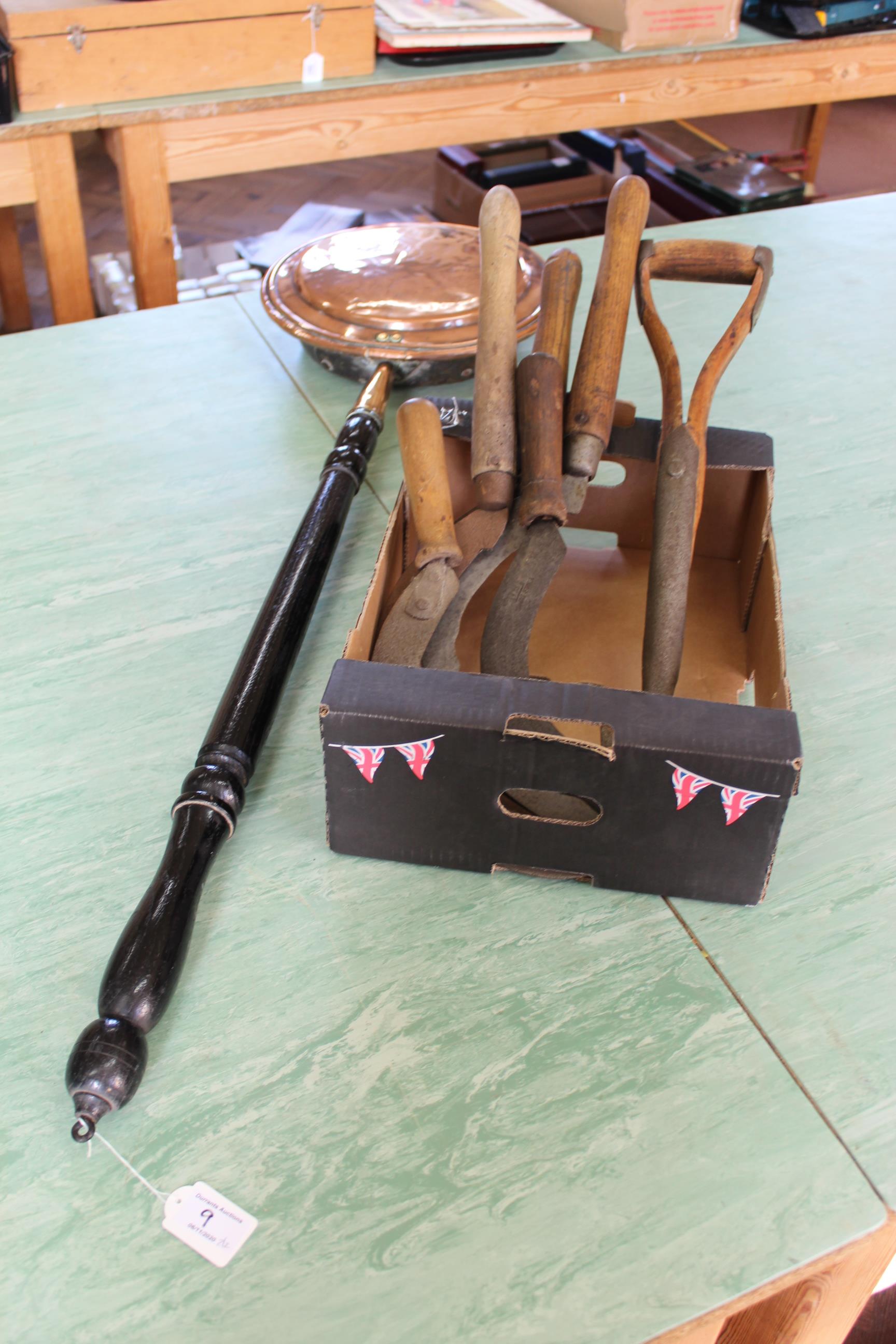 Five antique wood handled scythes,