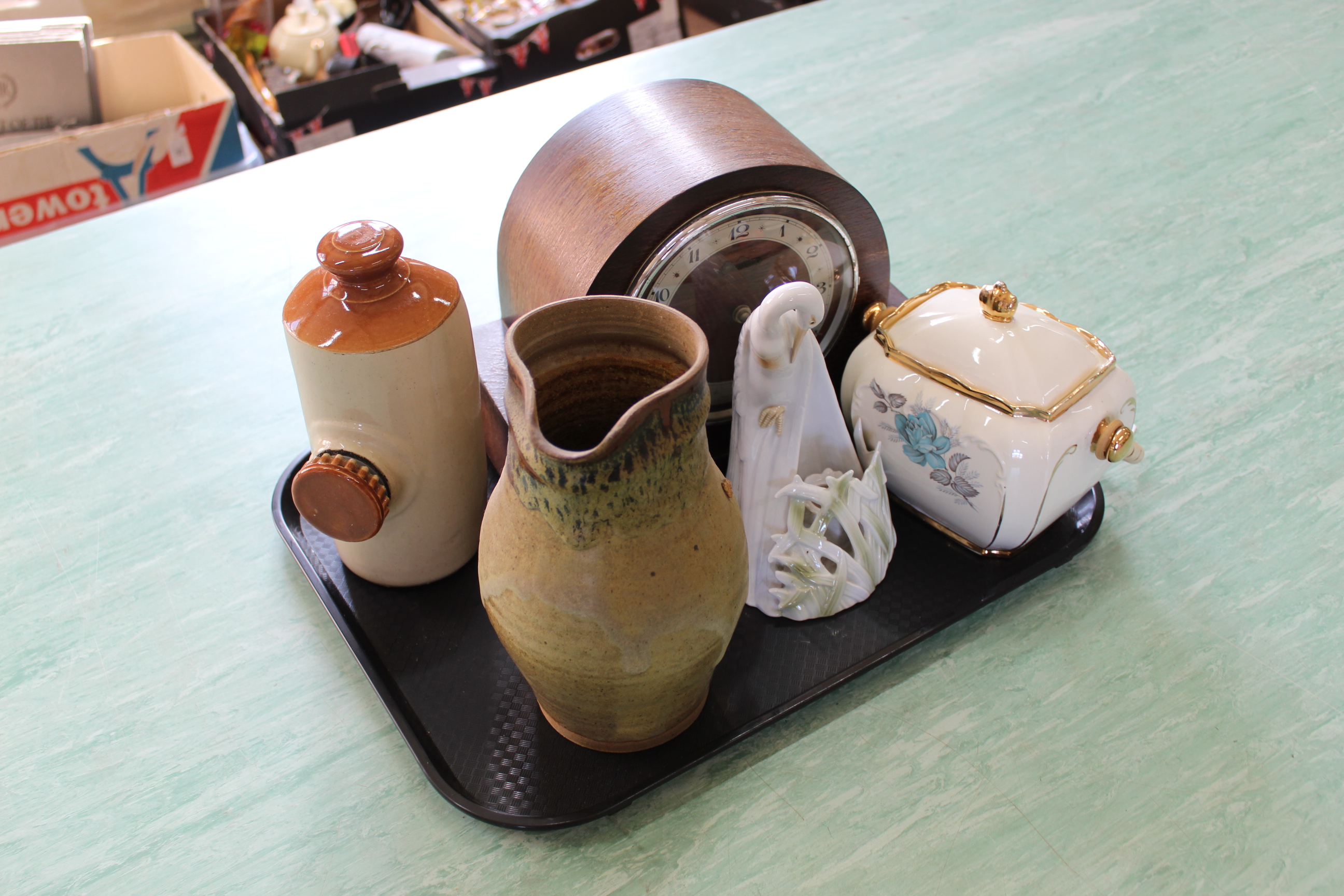 An oak cased striking mantel clock, stoneware hot water bottle, stoneware jug, - Image 2 of 3