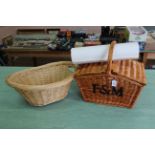 A wicker laundry basket,