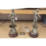 A pair of tall spelter Art Nouveau figures on wood bases together with a chrome Art Deco gong