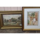 An early 20th Century watercolour of a young girl beside a large garden urn and a late 19th Century