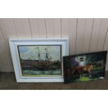 An oil on board "Yarmouth Dock 1985" by P Robinson plus an oil on board of a farmer attending his