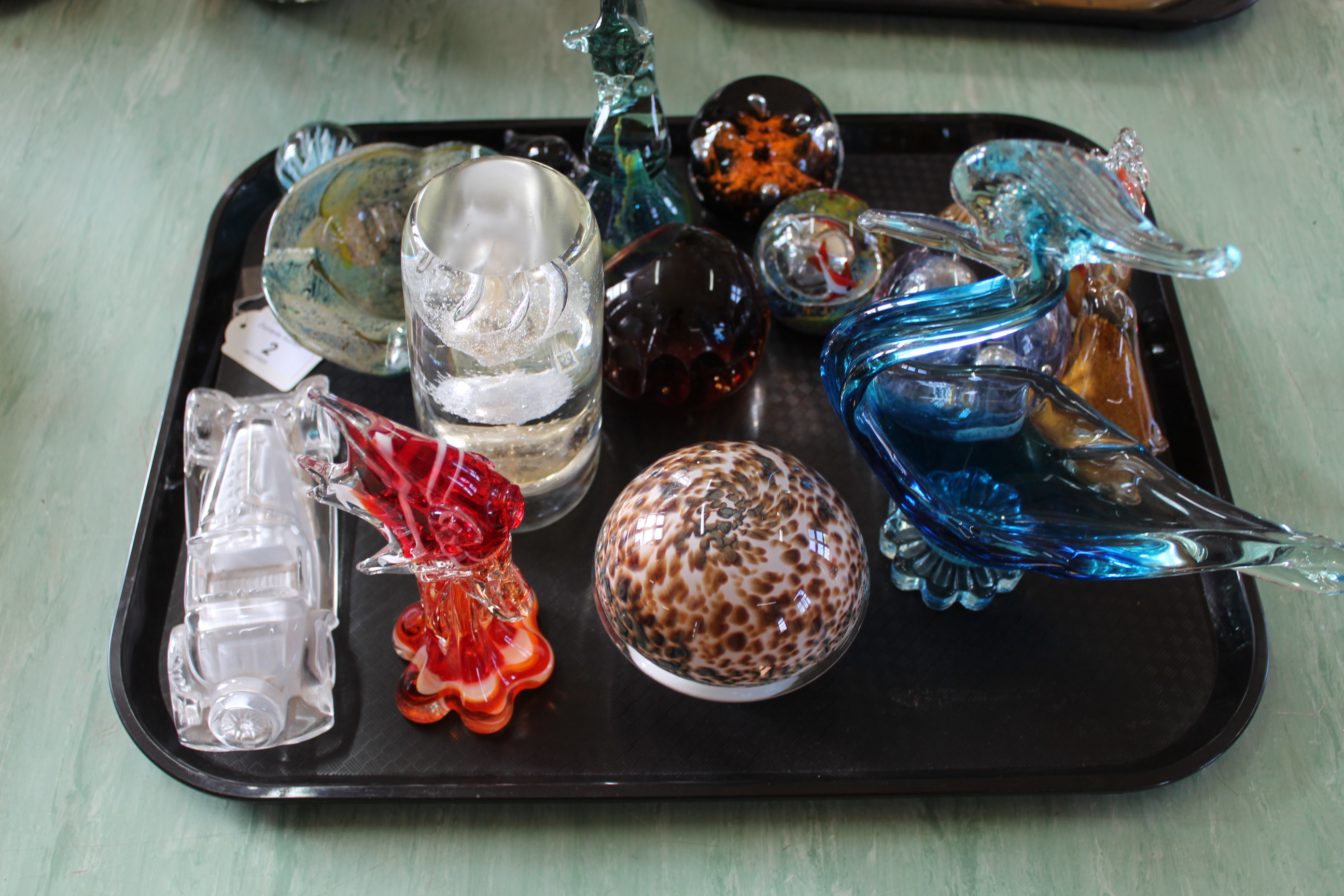 A tray of glass paperweights, animals etc including two Mdina glass pieces,