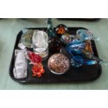 A tray of glass paperweights, animals etc including two Mdina glass pieces,