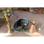 A 19th Century copper coal scuttle, a brass four piece companion set,
