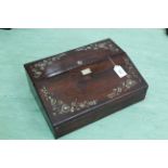 A Victorian rosewood inlaid with mother of pearl writing slope with inkwells (worn interior)