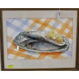 A watercolour of still life of fish on a plate,