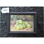 William B. Hough 1819-1897, a still life miniature watercolour of grapes and red currants, signed W.