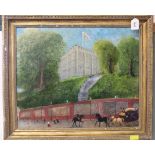 A gilt framed oil on board of a 19th Century view of Norwich Castle, signed G.H.