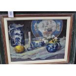 Mo Teeuw, framed oil on board, still life of a jug with flowers, candle, lemon and plate etc,
