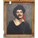 A framed portrait of a gentleman with a moustache and red hat,