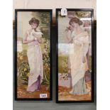 Two woven silk needlework and hand painted on silk pictures of classical ladies,